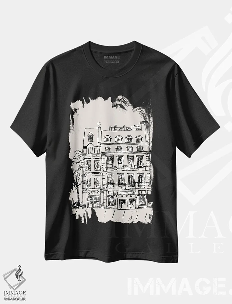 تیشرت مشکی طرح دار – تیشرت مینیمال ,ساختمانی پاریسی اثر پاسکال برکوویتز immage.ir