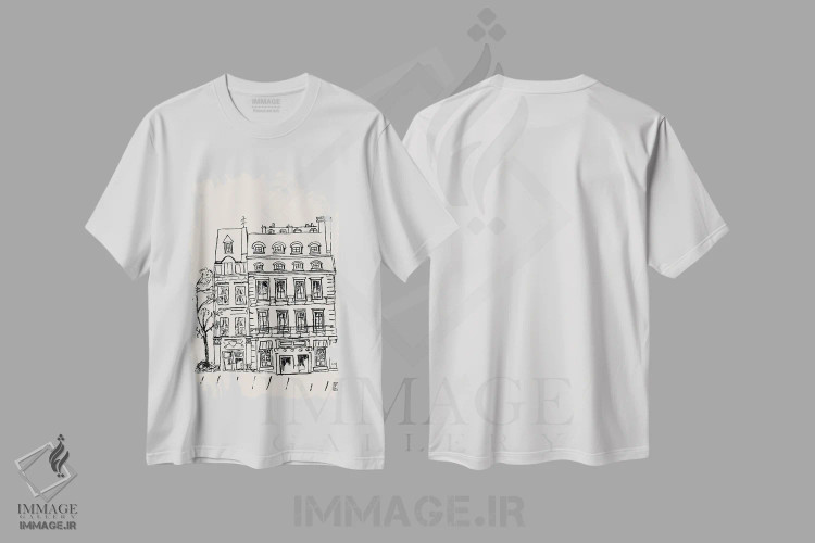 تیشرت سفید طرح دار – تیشرت مینیمال ,ساختمانی پاریسی اثر پاسکال برکوویتز فروشگاه ایماژ