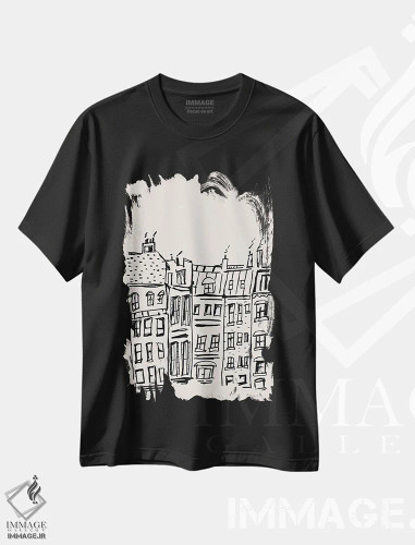 تیشرت مشکی طرح دار – تیشرت هنری ,پشت بام های پاریسی اثر پاسکال برکوویتز فروشگاه ایماژ