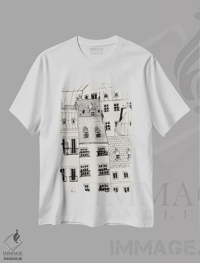 تیشرت سفید طرح دار – تیشرت شهری ,پنجره های پاریس اثر پاسکال برکوویتز فروشگاه ایماژ