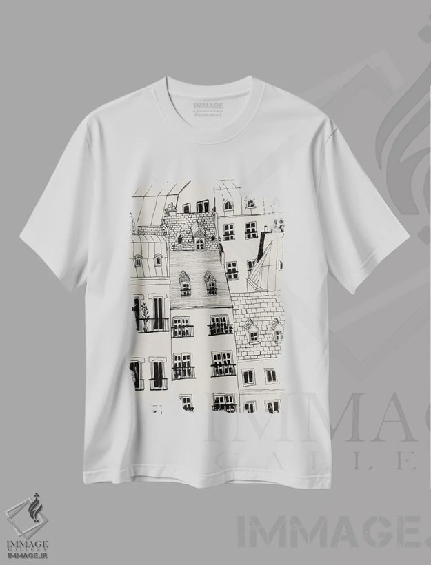 تیشرت سفید طرح دار – تیشرت شهری ,پنجره های پاریس اثر پاسکال برکوویتز فروشگاه ایماژ