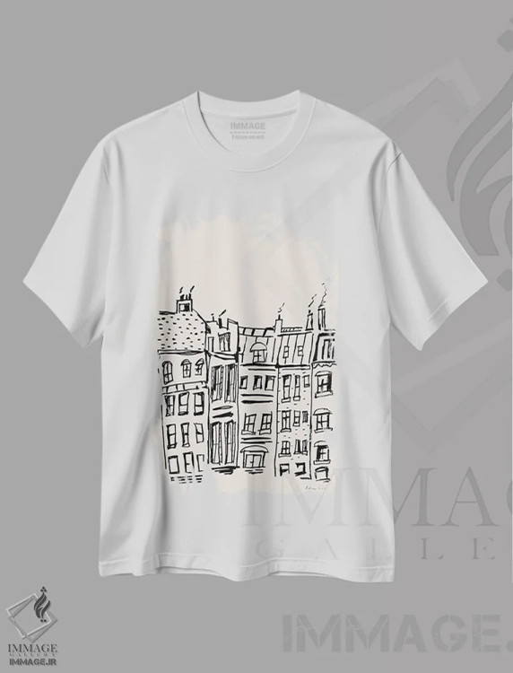 تیشرت سفید طرح دار – تیشرت هنری ,پشت بام های پاریسی اثر پاسکال برکوویتز immage.ir