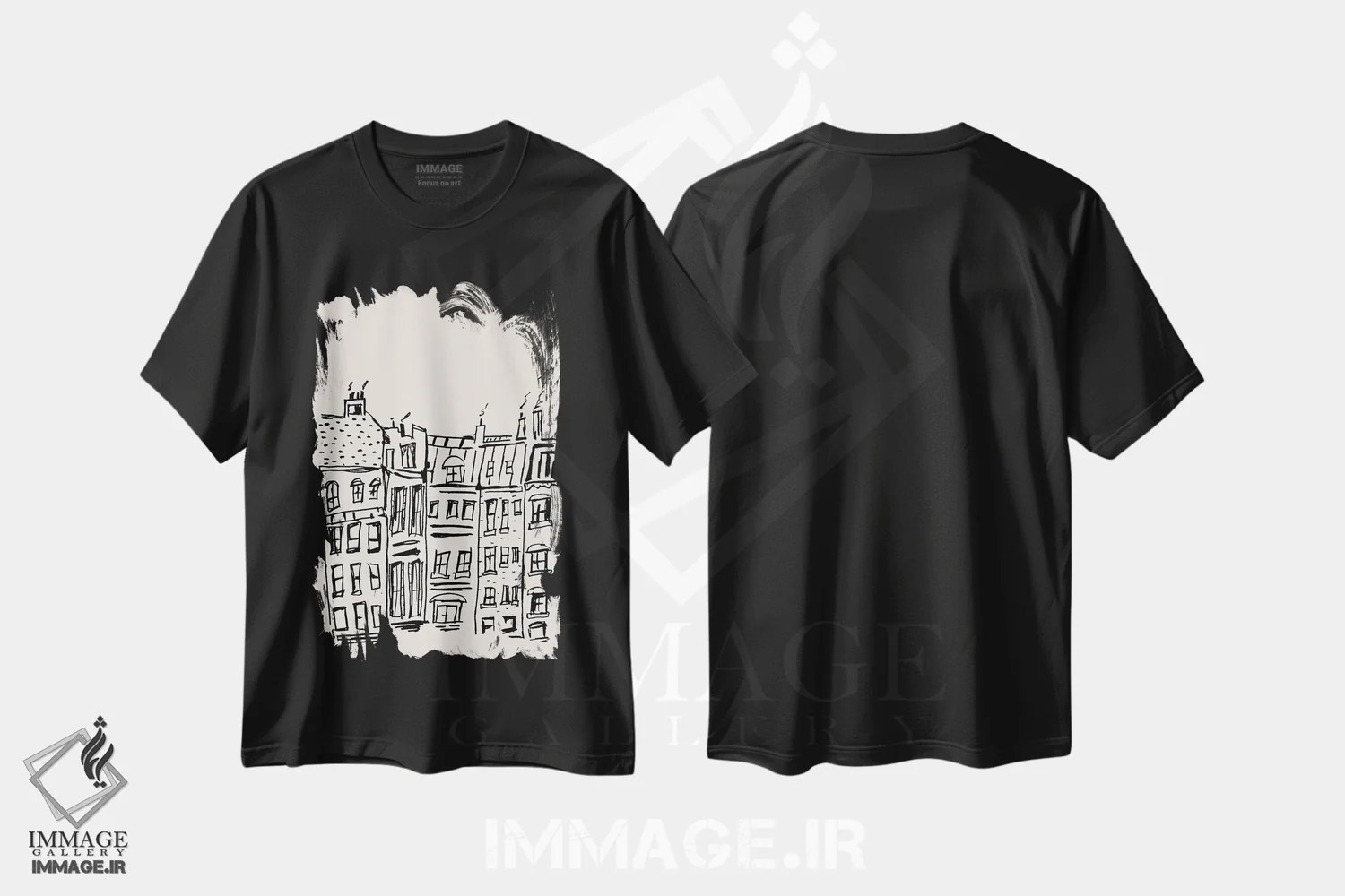 تیشرت مشکی طرح دار – تیشرت هنری ,پشت بام های پاریسی اثر پاسکال برکوویتز فروشگاه ایماژ