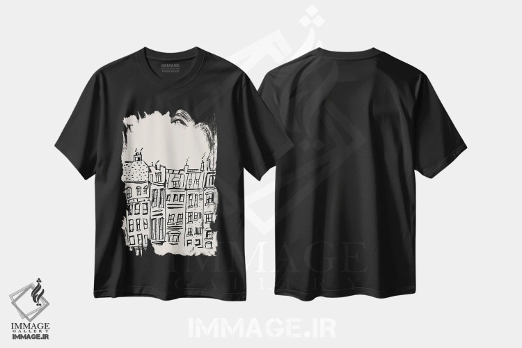 تیشرت مشکی طرح دار – تیشرت هنری ,پشت بام های پاریسی اثر پاسکال برکوویتز فروشگاه ایماژ