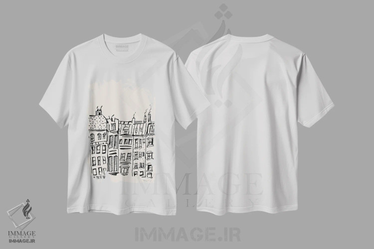 تیشرت سفید طرح دار – تیشرت هنری ,پشت بام های پاریسی اثر پاسکال برکوویتز immage.ir