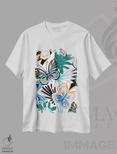 تیشرت سفید طرح دار – تیشرت طبیعت ,باغ پروانه اثر کورین لنت فروشگاه ایماژ
