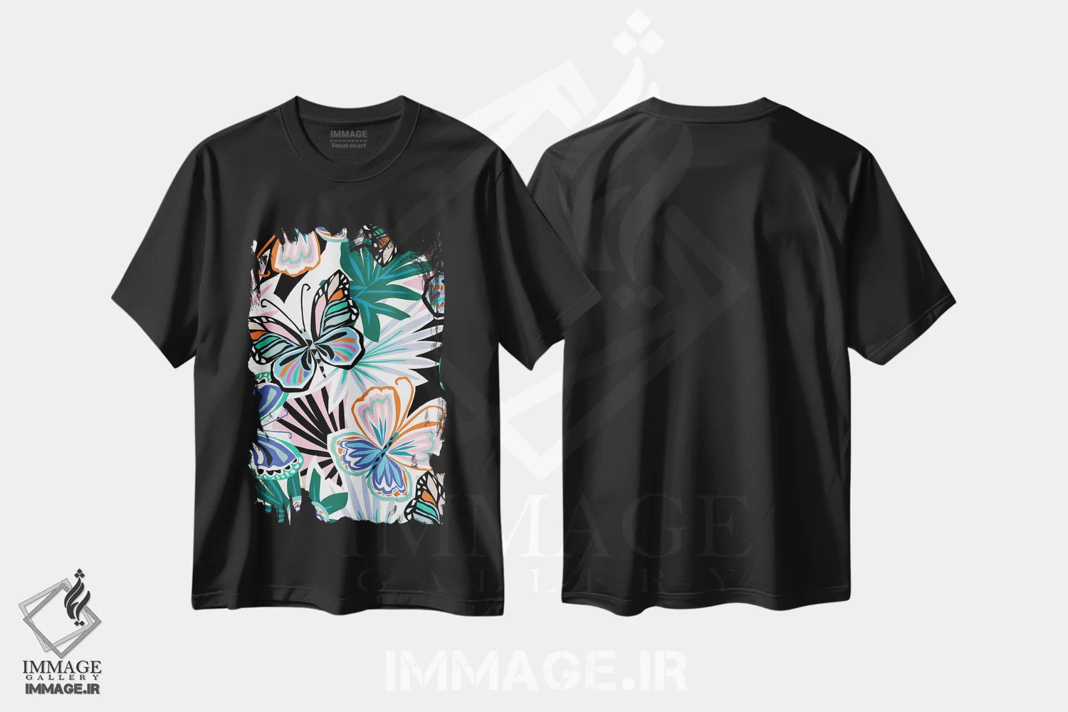 تیشرت مشکی طرح دار – تیشرت طبیعت ,باغ پروانه اثر کورین لنت immage.ir