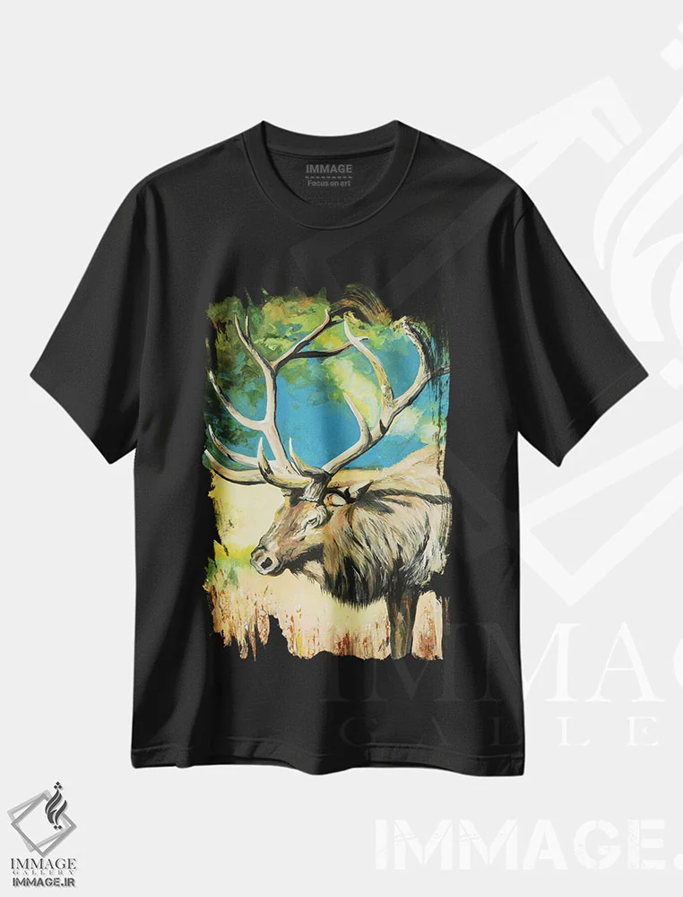 تیشرت مشکی طرح دار – تیشرت حیوانات ,گوزن شمالی هنگام غروب اثر پاتریشیا کارول immage.ir