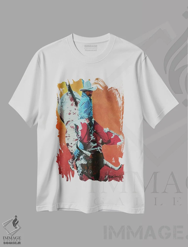 تیشرت سفید طرح دار – تیشرت اسپرت ,سوار گاو اثر پاتریشیا کارول immage.ir