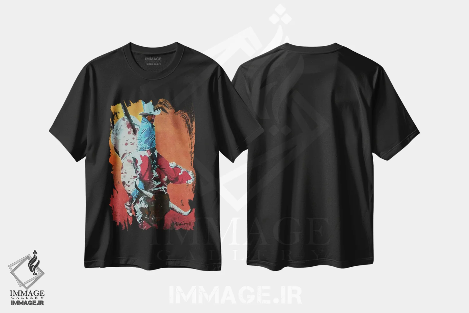 تیشرت مشکی طرح دار – تیشرت اسپرت ,سوار گاو اثر پاتریشیا کارول فروشگاه ایماژ