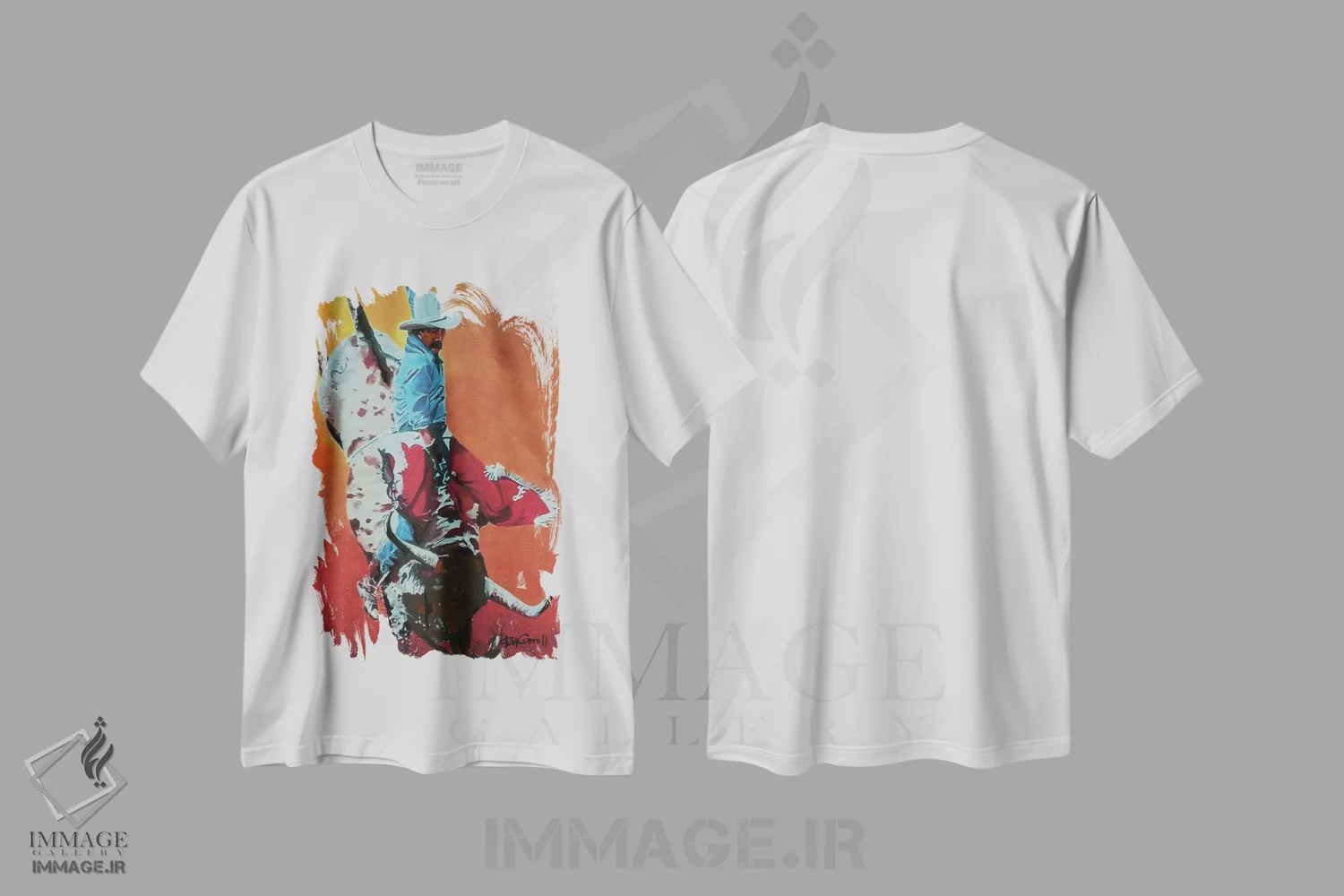 تیشرت سفید طرح دار – تیشرت اسپرت ,سوار گاو اثر پاتریشیا کارول immage.ir