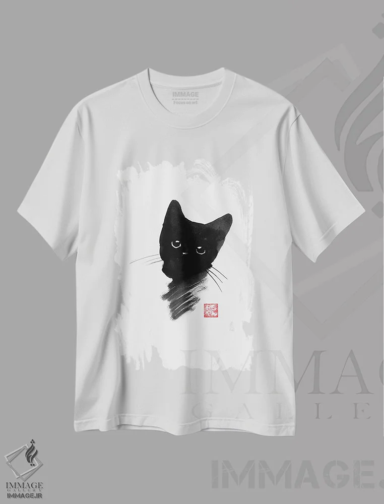 تیشرت سفید طرح دار – تیشرت هنری گربه ,گربه کوچک اثر پِشان فروشگاه ایماژ
