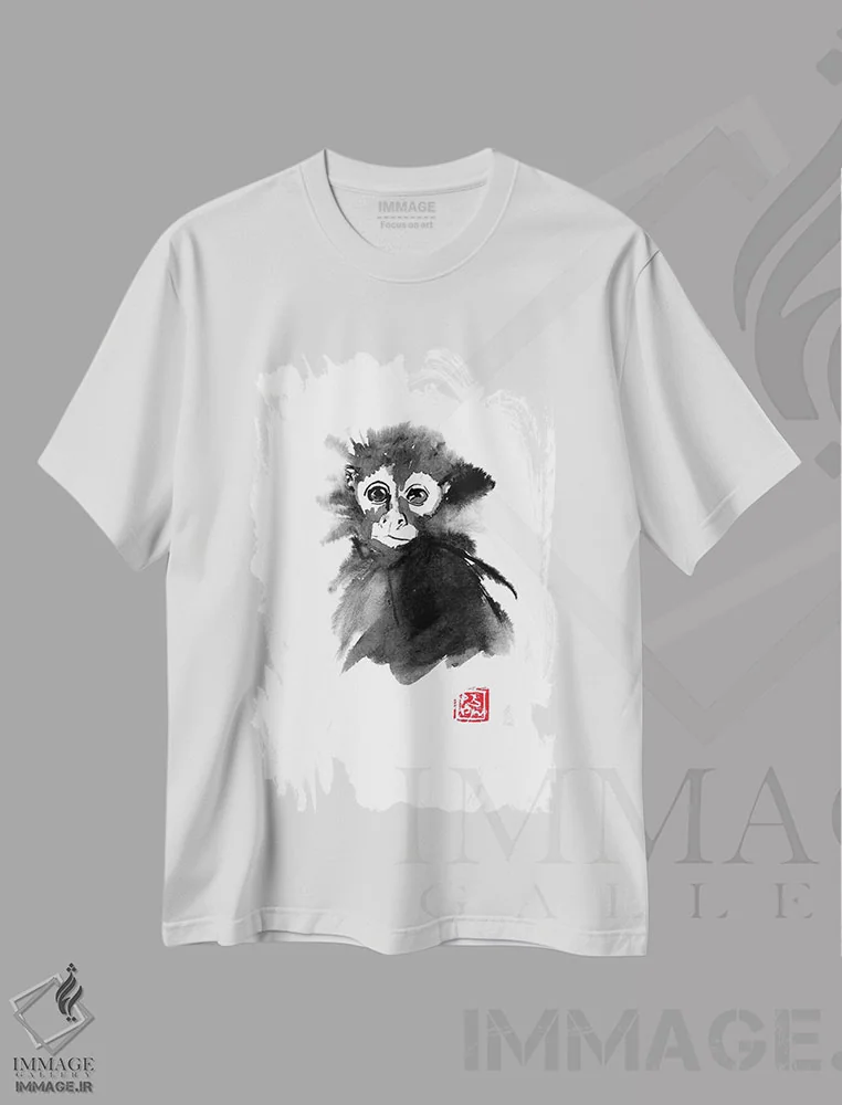 تیشرت سفید طرح دار – تیشرت حیوانات ,میمون کوچک اثر پِشان immage.ir