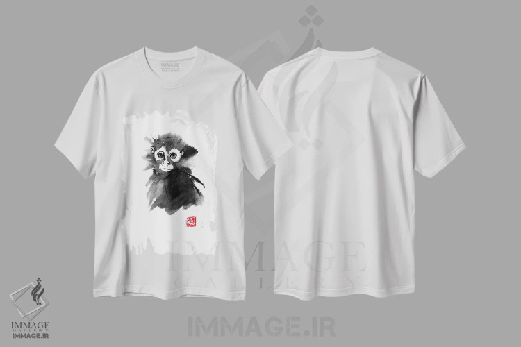 تیشرت سفید طرح دار – تیشرت حیوانات ,میمون کوچک اثر پِشان immage.ir
