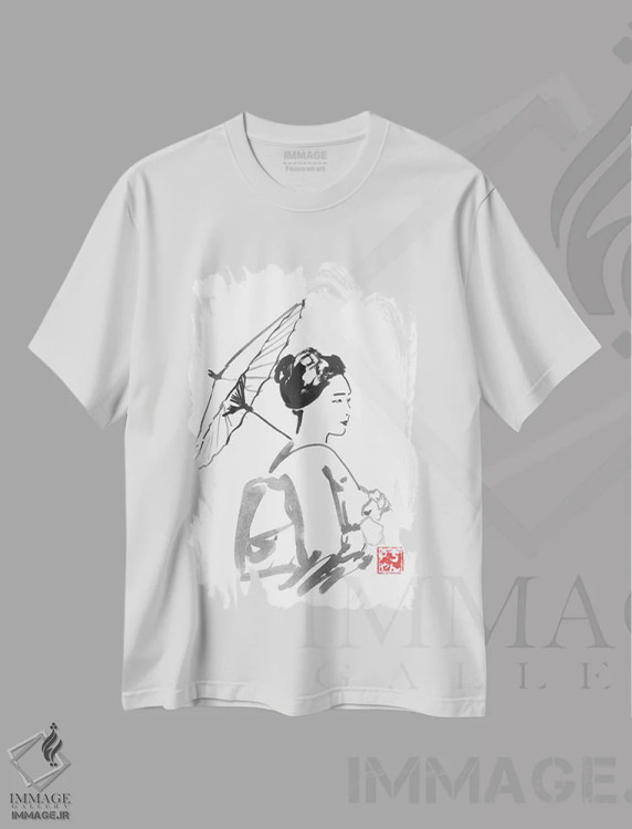 تیشرت سفید طرح دار – تیشرت زنانه طرح دار ,گیشای راه رونده اثر پِشان فروشگاه ایماژ