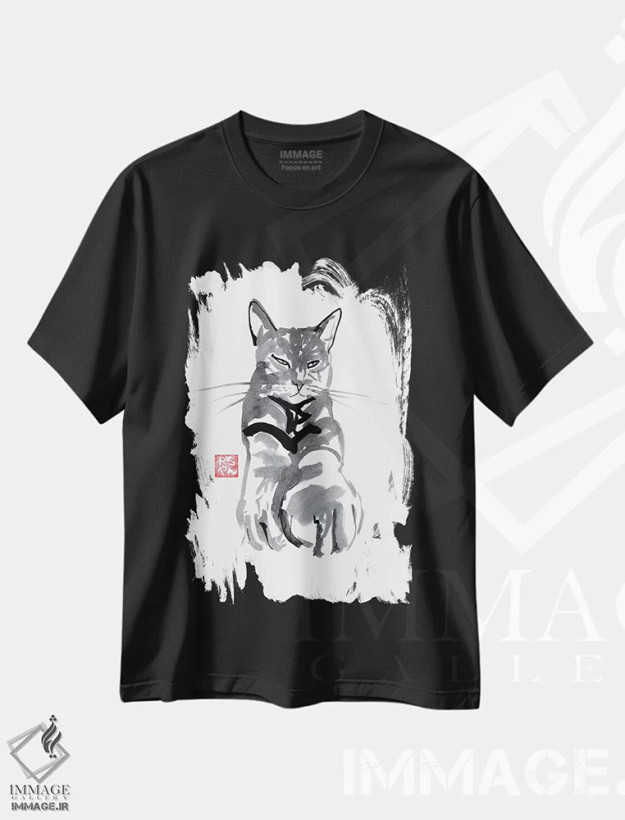 تیشرت مشکی طرح دار – تیشرت حیوانات ,گربه گرم و نرم اثر پِشان فروشگاه ایماژ