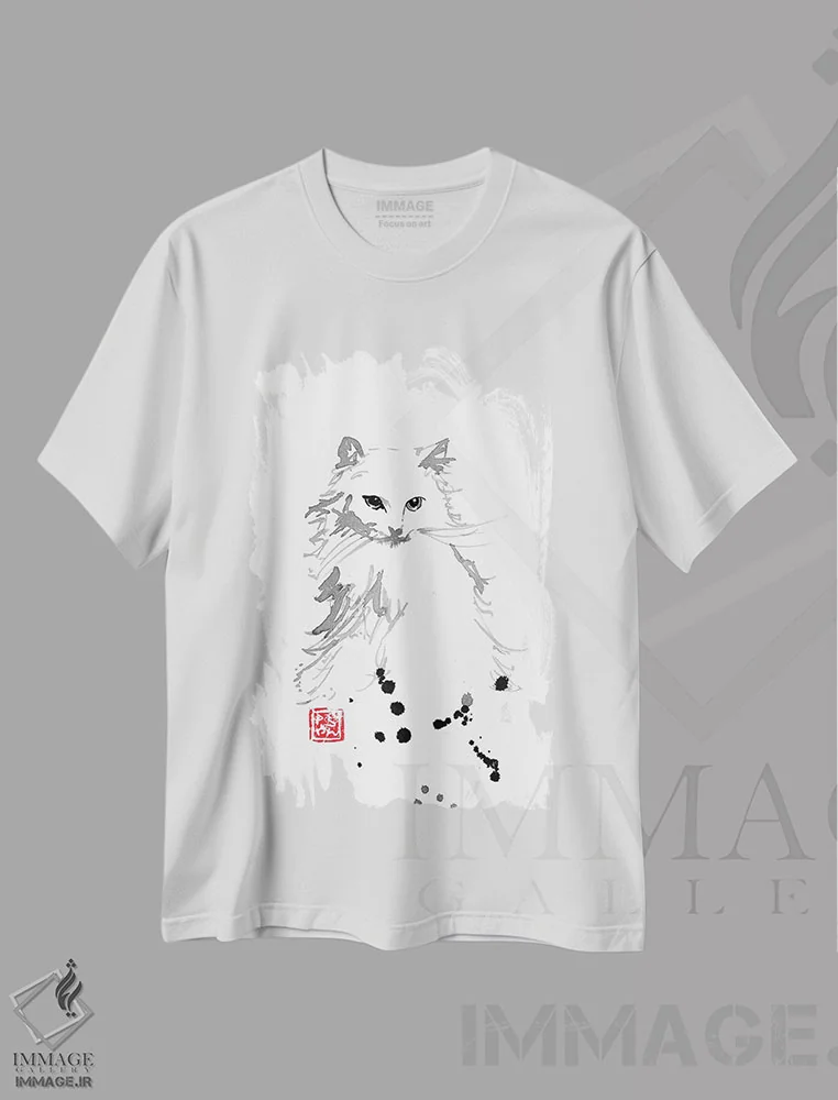تیشرت سفید طرح دار – تیشرت گربه ,پوستۀ سفید اثر پِشان فروشگاه ایماژ