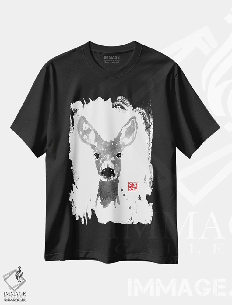 تیشرت مشکی طرح دار – تیشرت گوزن ,گوزن جوان اثر پِشان فروشگاه ایماژ