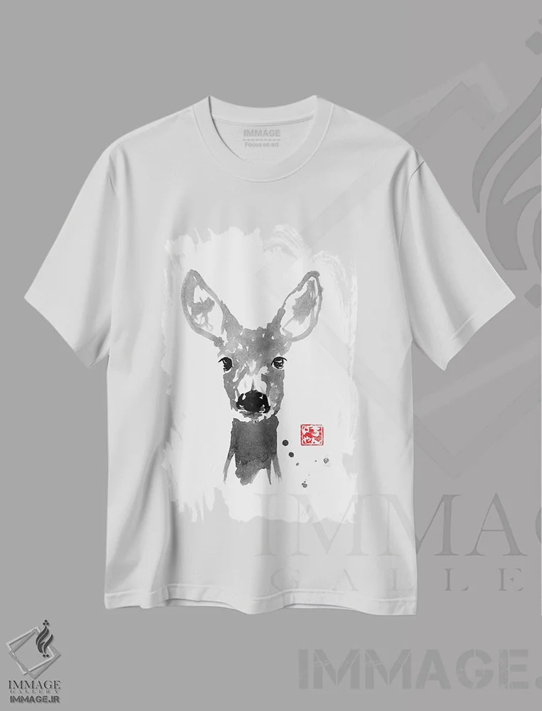 تیشرت سفید طرح دار – تیشرت گوزن ,گوزن جوان اثر پِشان immage.ir