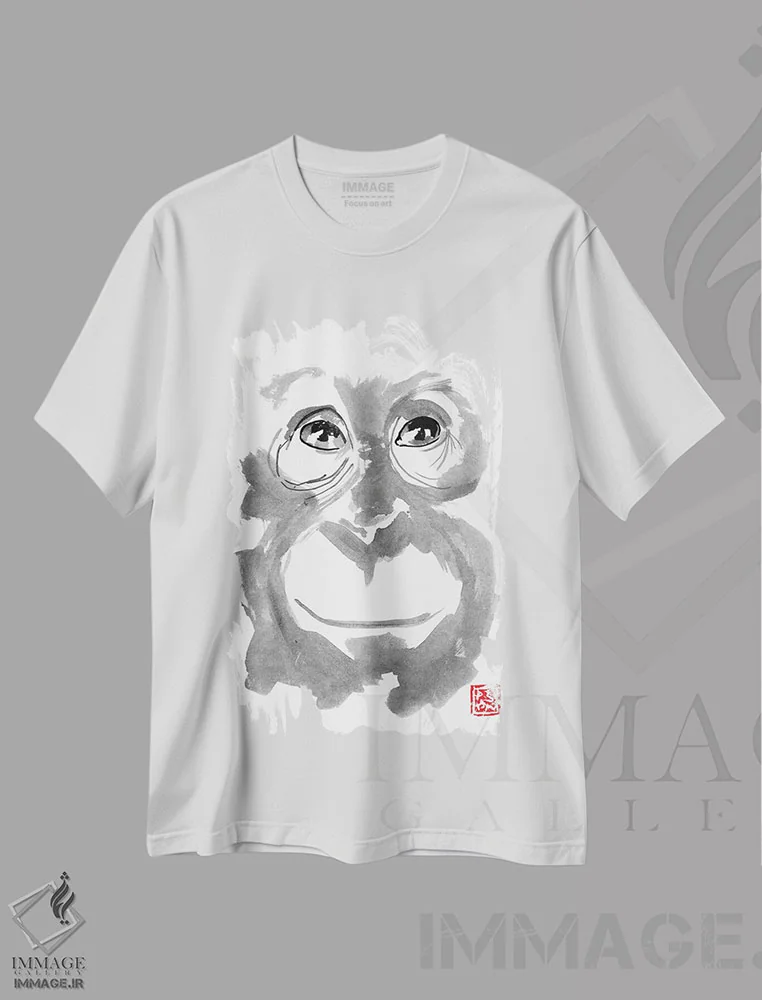 تیشرت سفید طرح دار – تیشرت حیوانات جنگل ,اورانگوتان جوان اثر پِشان فروشگاه ایماژ