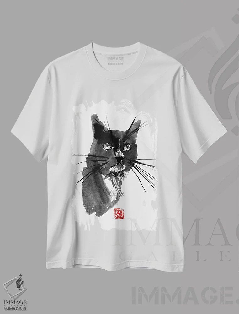 تیشرت سفید طرح دار – تیشرت گربه ,گربه بیرون اثر پِشان فروشگاه ایماژ