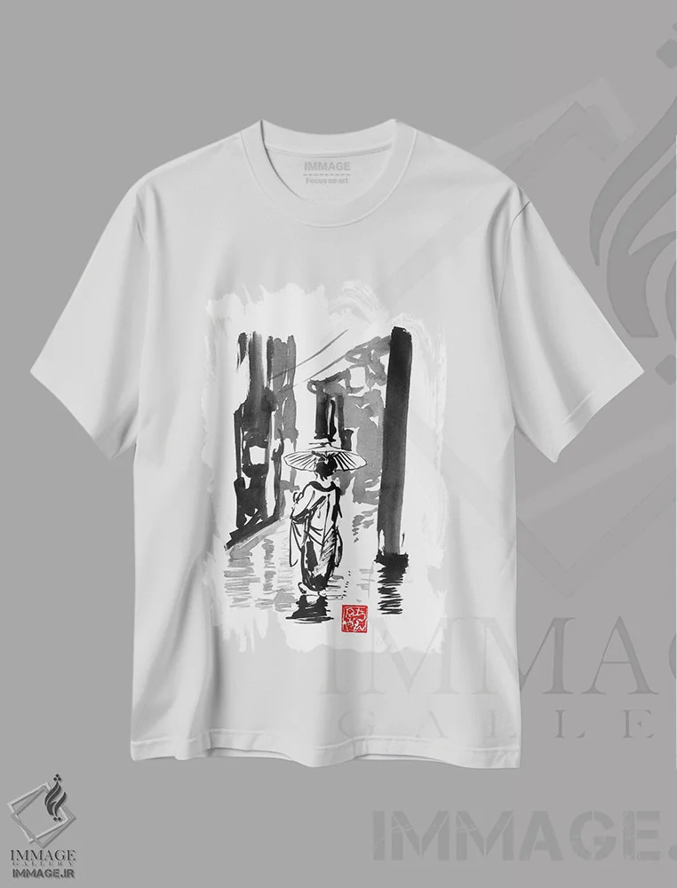 تیشرت سفید طرح دار – تیشرت هنری ژاپنی ,روز بارانی اثر پِشان فروشگاه ایماژ