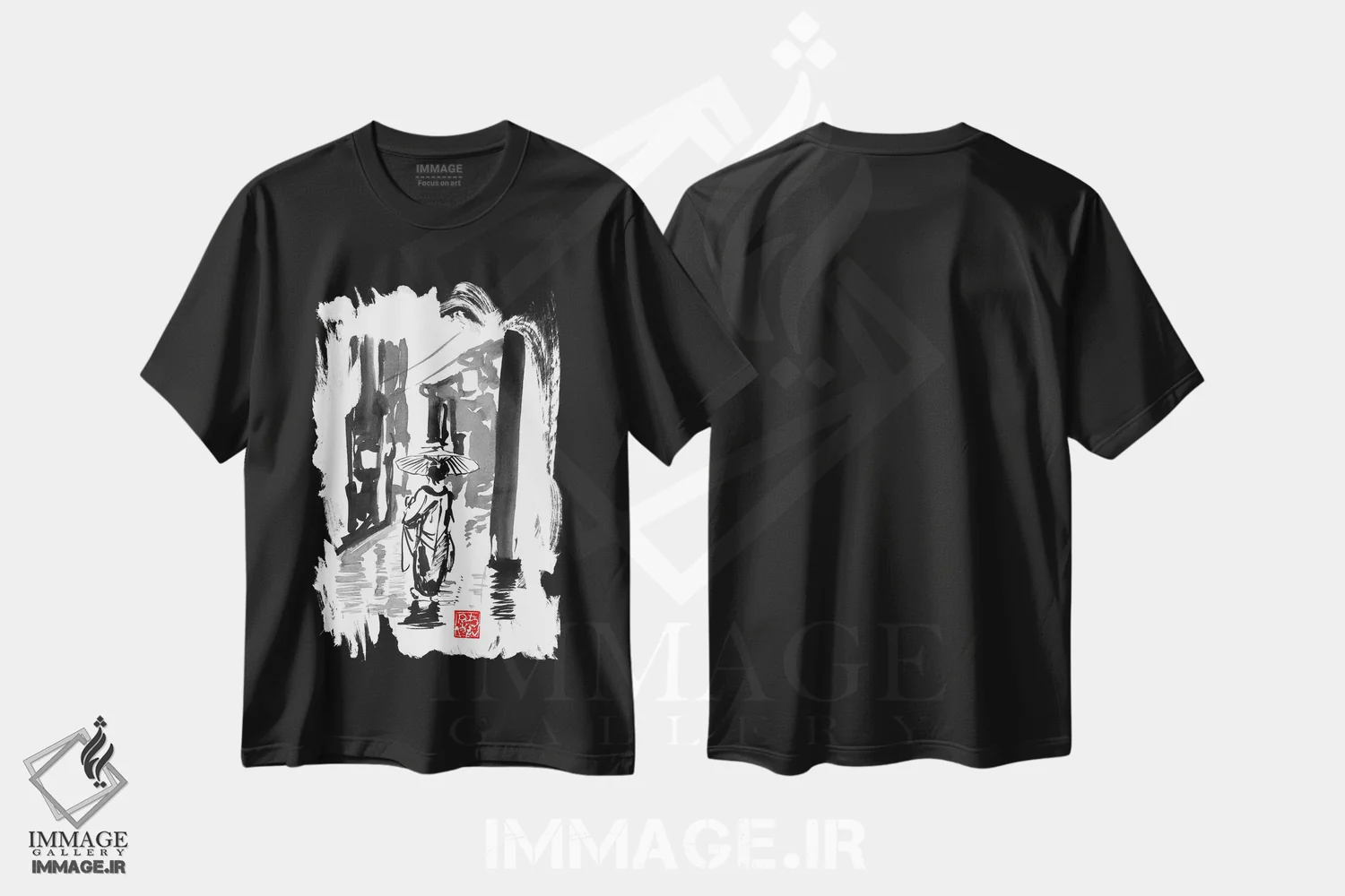 تیشرت مشکی طرح دار – تیشرت هنری ژاپنی ,روز بارانی اثر پِشان immage.ir