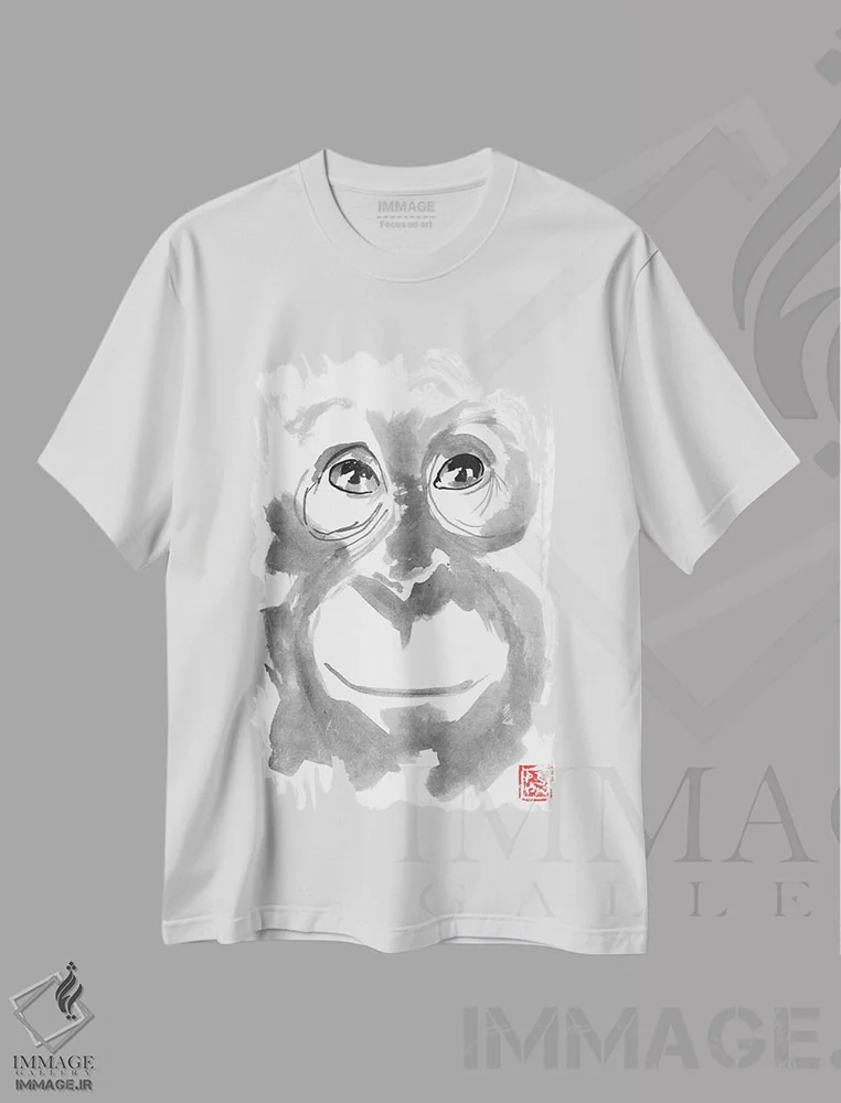 تیشرت سفید طرح دار – تیشرت گرافیکی ,اورانگوتان خندان اثر پِشان فروشگاه ایماژ