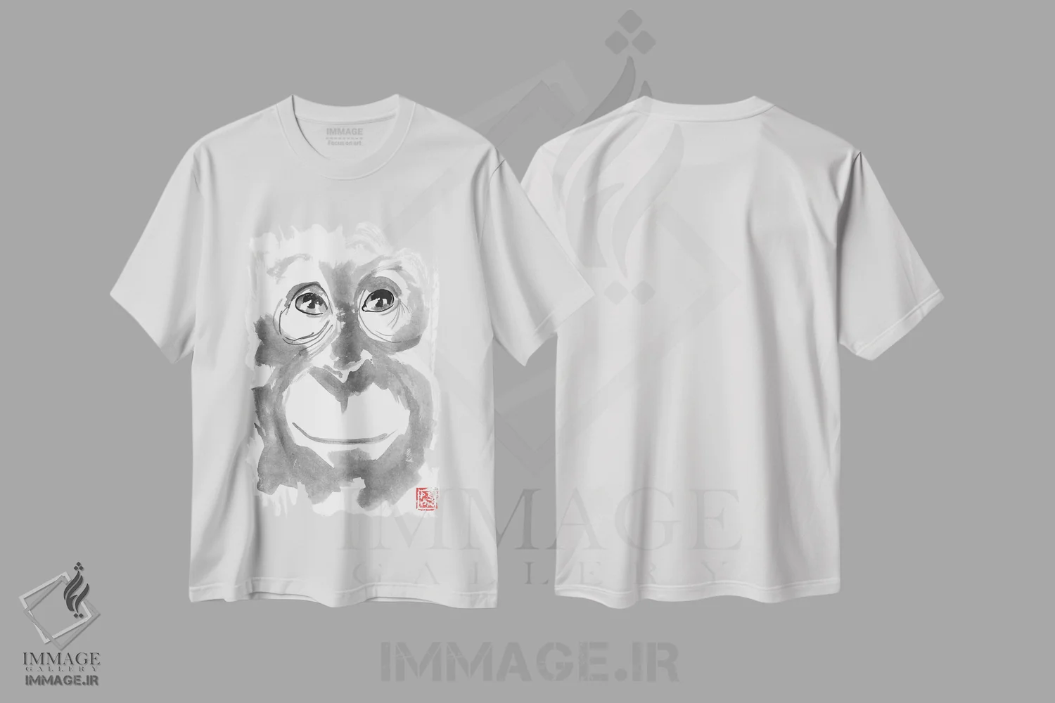تیشرت سفید طرح دار – تیشرت گرافیکی ,اورانگوتان خندان اثر پِشان فروشگاه ایماژ