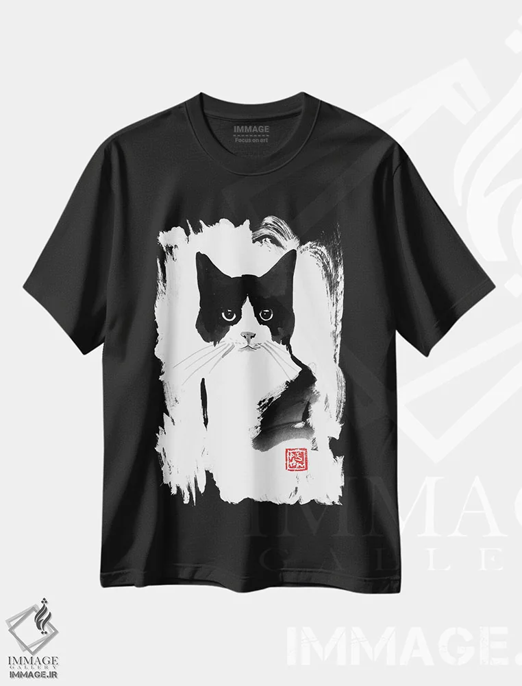 تیشرت مشکی طرح دار – تیشرت گربه ,گربه ولگرد اثر پِشان فروشگاه ایماژ