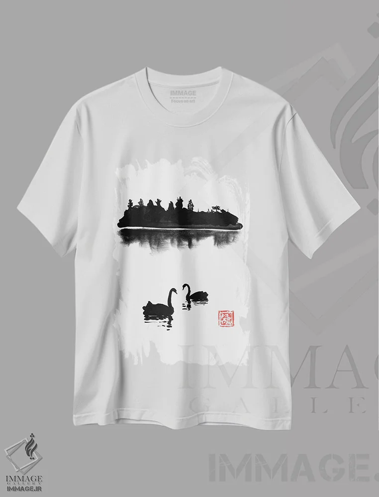تیشرت سفید طرح دار – تیشرت پرندگان ,جزیره قو اثر پِشان فروشگاه ایماژ