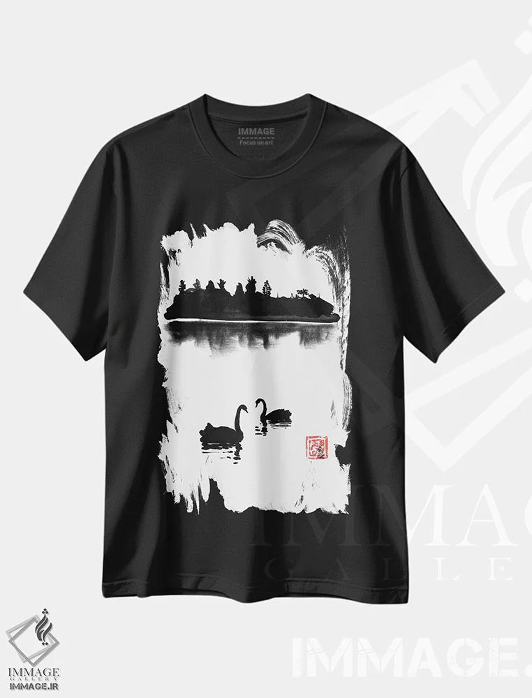 تیشرت مشکی طرح دار – تیشرت پرندگان ,جزیره قو اثر پِشان immage.ir