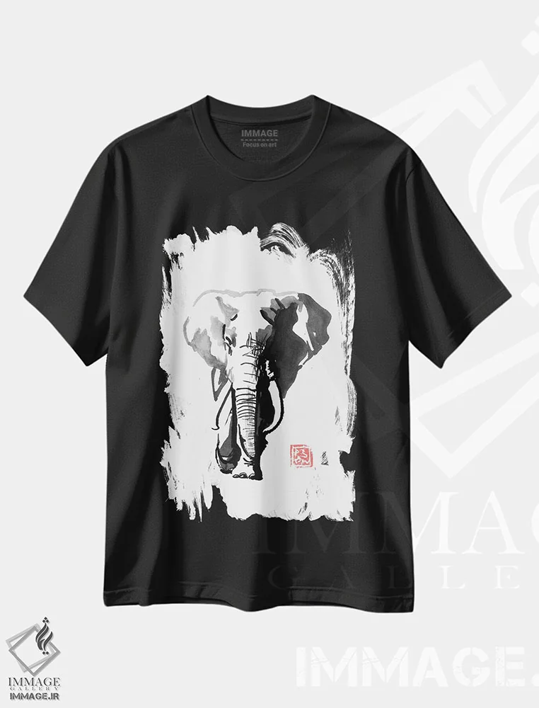 تیشرت مشکی طرح دار – تیشرت حیات وحش ,فیل راه رونده اثر پِشان فروشگاه ایماژ