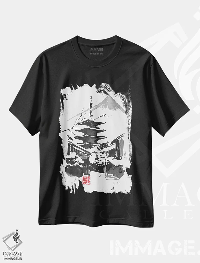 تیشرت مشکی طرح دار – تیشرت طبیعت ,کوه فوجی و معبد اثر پِشان فروشگاه ایماژ