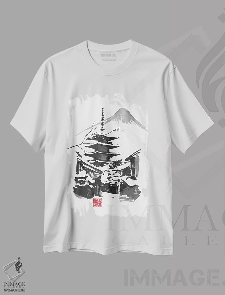 تیشرت سفید طرح دار – تیشرت طبیعت ,کوه فوجی و معبد اثر پِشان immage.ir