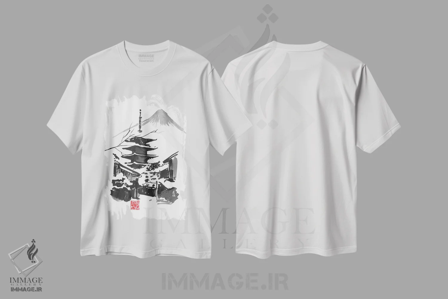 تیشرت سفید طرح دار – تیشرت طبیعت ,کوه فوجی و معبد اثر پِشان immage.ir
