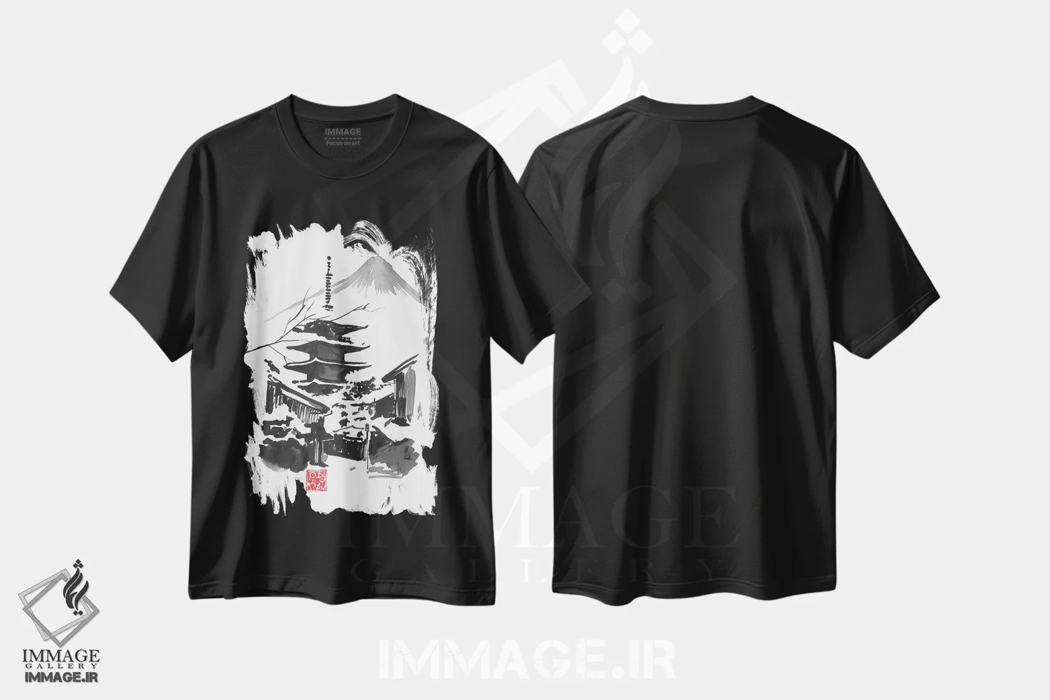 تیشرت مشکی طرح دار – تیشرت طبیعت ,کوه فوجی و معبد اثر پِشان فروشگاه ایماژ