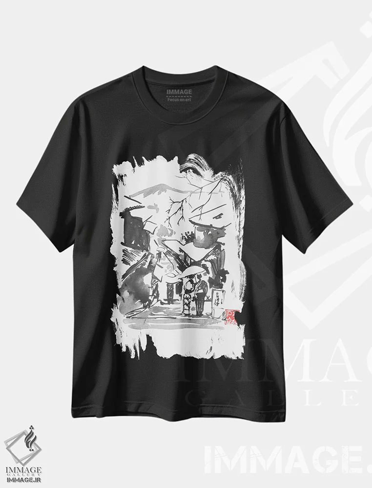 تیشرت مشکی طرح دار – تیشرت منظره ,کوه فوجی در برف اثر پِشان immage.ir