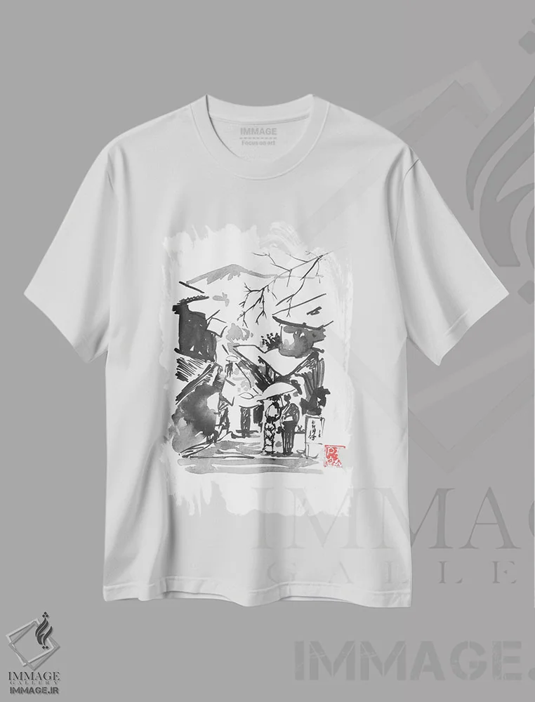 تیشرت سفید طرح دار – تیشرت منظره ,کوه فوجی در برف اثر پِشان فروشگاه ایماژ
