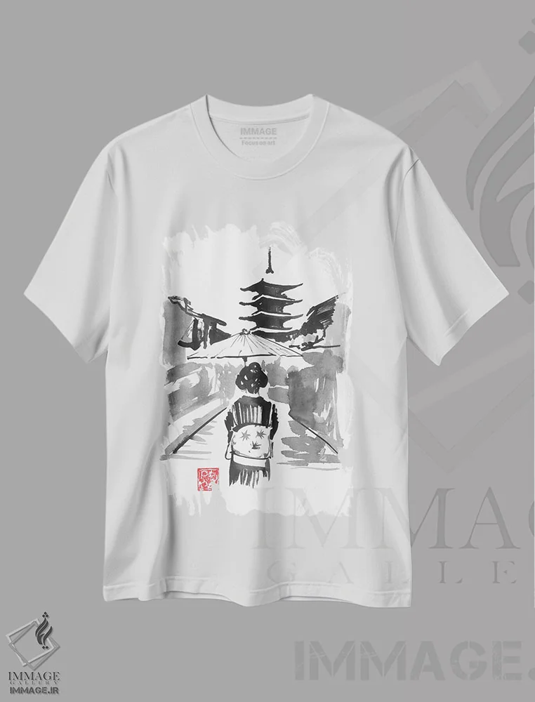 تیشرت سفید طرح دار – تیشرت فرهنگ ژاپنی ,گیشا و پاگودا اثر پِشان فروشگاه ایماژ