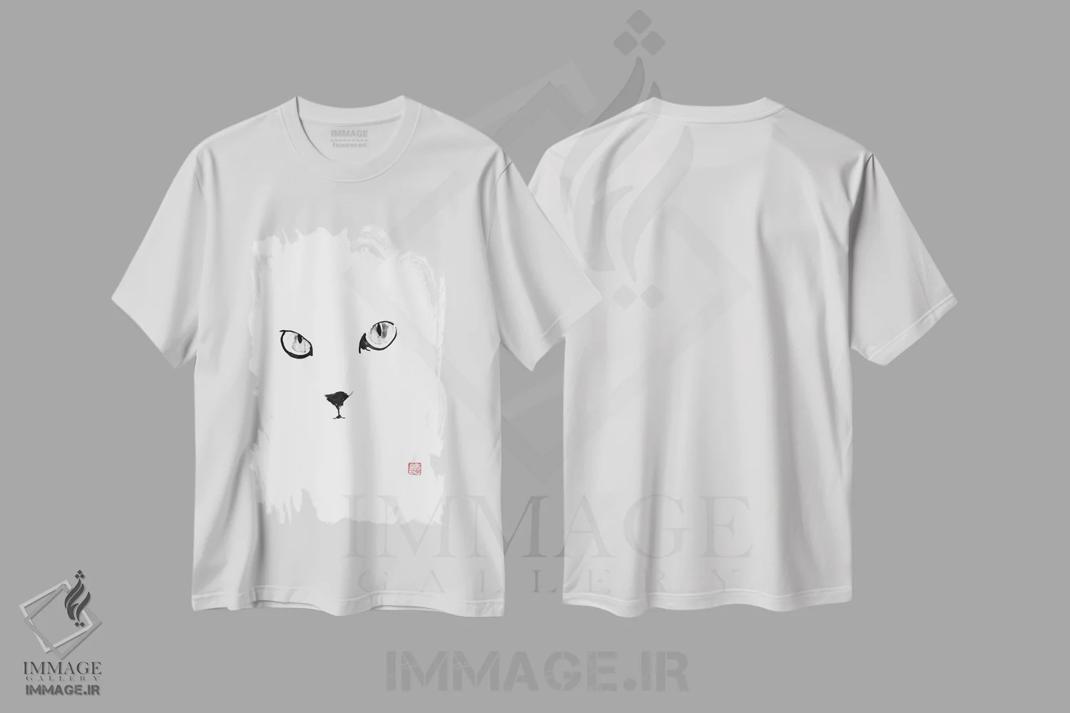 تیشرت سفید طرح دار – تیشرت مینیمالیستی ,چشم های گربه اثر پِشان immage.ir