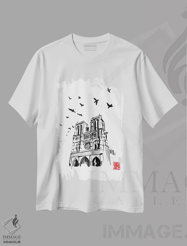 تیشرت سفید طرح دار نوتردام، هنر تزئینی سیاه و سفید اثر پِشان | فروشگاه ایماژ