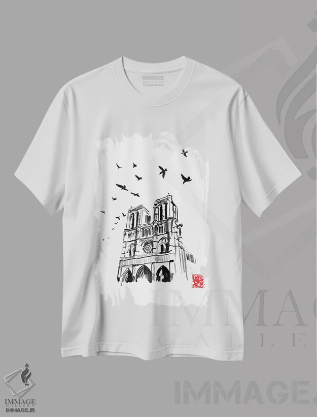 تیشرت سفید طرح دار نوتردام، هنر تزئینی سیاه و سفید اثر پِشان | فروشگاه ایماژ