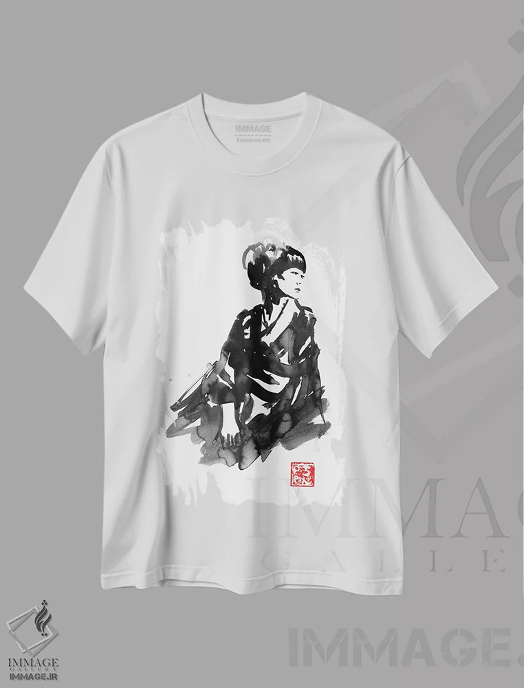 تیشرت سفید طرح دار گیشا ۲، دکور آسیایی اثر پِشان | فروشگاه ایماژ