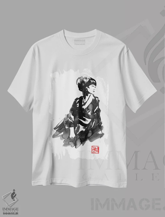 تیشرت سفید طرح دار گیشا ۲، دکور آسیایی اثر پِشان | فروشگاه ایماژ