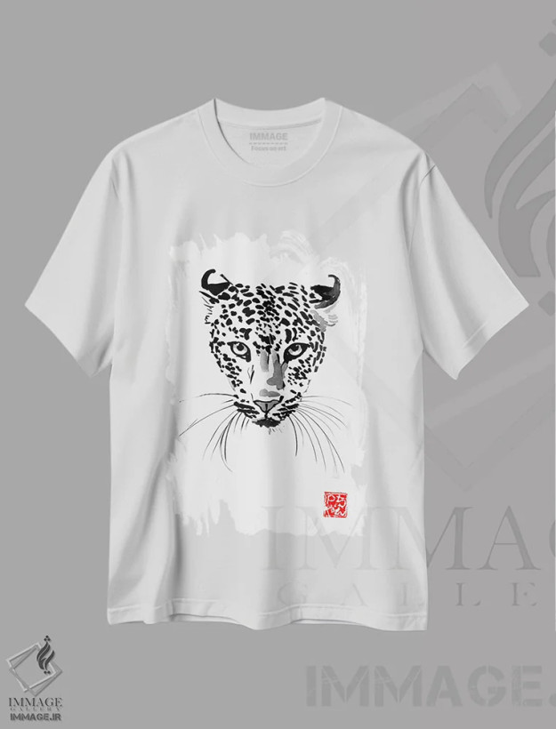 تیشرت سفید طرح دار پلنگ، هنر تزئینی سیاه و سفید اثر پِشان | فروشگاه ایماژ