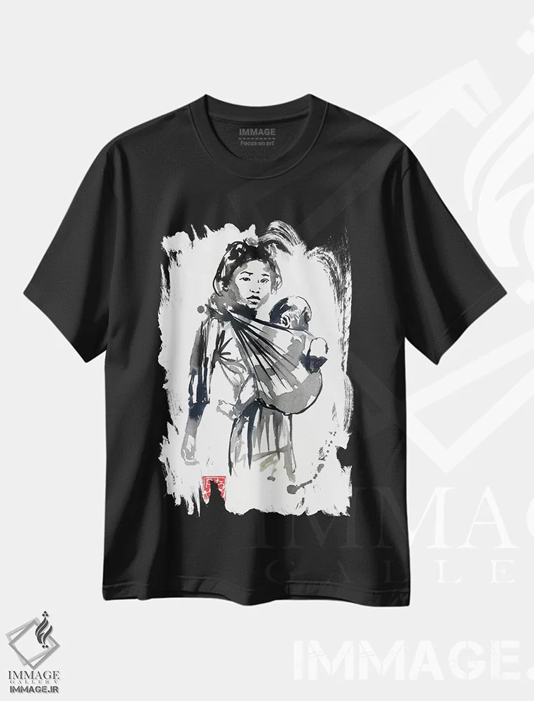 تیشرت مشکی طرح دار دختر و کودک، دکور آسیایی اثر پِشان | فروشگاه ایماژ