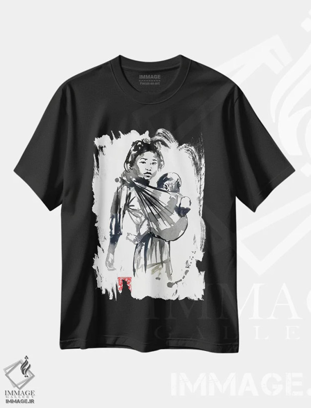 تیشرت مشکی طرح دار دختر و کودک، دکور آسیایی اثر پِشان | فروشگاه ایماژ