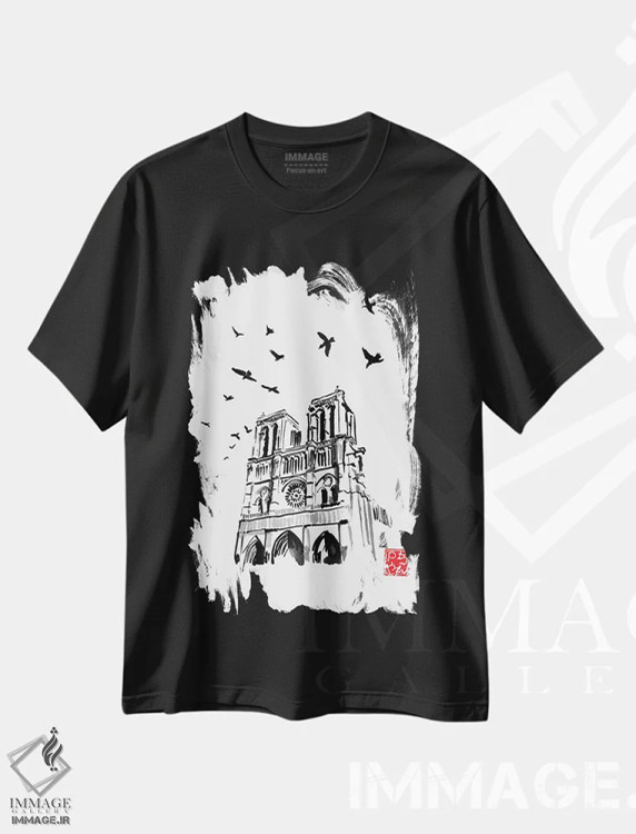 تیشرت مشکی طرح دار نوتردام، هنر تزئینی سیاه و سفید اثر پِشان | immage.ir