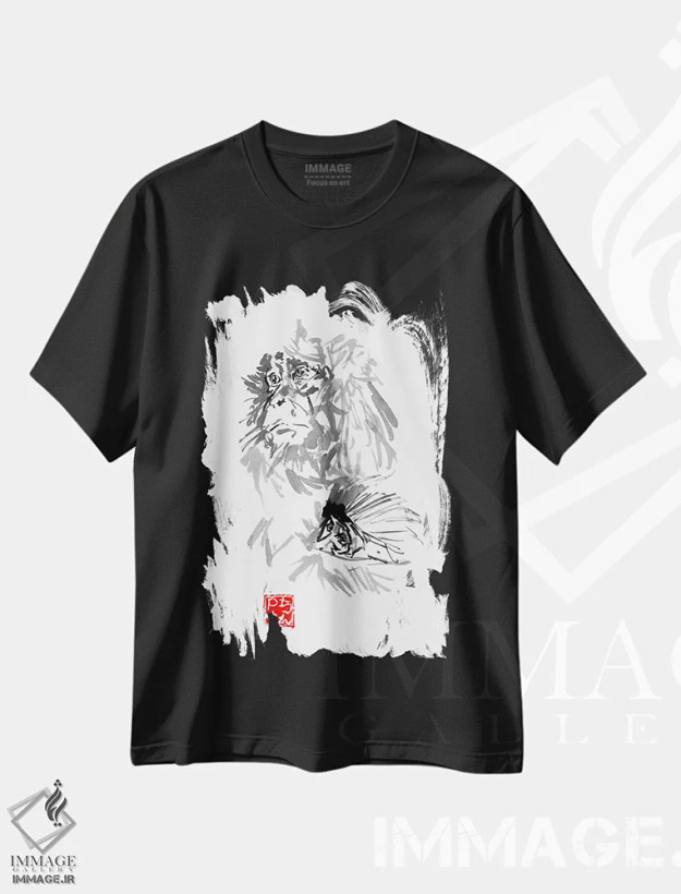 تیشرت مشکی طرح دار خانواده میمون، دکور آسیایی اثر پِشان | فروشگاه ایماژ
